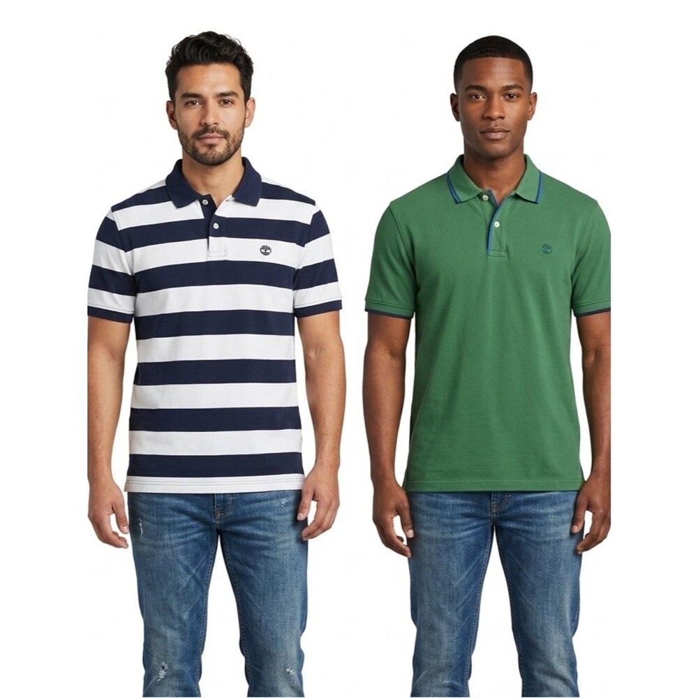 Bundle of 2 Timberland Polo Shirts – Striped & Solid Green Cotton Size Large